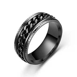 Black Titanium Steel Curb Chains Rotating Finger Ring, Fidget Spinner Ring for Calming Worry Meditation, Black, US Size 8 1/2(18.5mm)