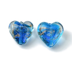 Dodger Blue Handmade Gold Sand Lampwork Beads, Inner Flower, Heart, Dodger Blue, 21x20.5x13.5mm, Hole: 1.8mm