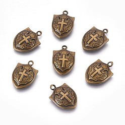 Antique Bronze Tibetan Style Alloy Pendants, Shield with Cross, Cadmium Free & Nickel Free & Lead Free, Antique Bronze, 21x14x4mm, Hole: 2mm, about 710pcs/1000g