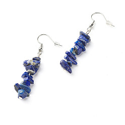 Lapis Lazuli Natural Lapis Lazuli Chip Beads Dangle Earrings, Brass Jewelry for Girl Women, Platinum, 53.5~54.5mm, Pin: 0.5mm