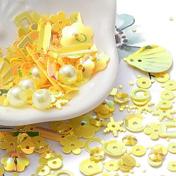Gold Rainbow Iridescent PVC Paillette/Sequins Beads & Links & Pendants, Mixed Shapes, Flower/Snowflake/Oval, Gold, 4~20x4~20x0.3~6mm, Hole: 0.8~4mm, about 131pcs/bag