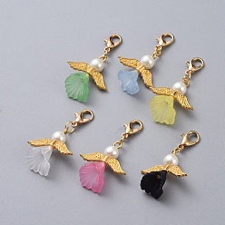 Mixed Color Guardian Angel Pendant Decorations, with Acrylic, Glass Pearl Beads, Light Gold Plated Zinc Alloy Lobster Claw Clasps and Alloy Beads, Mixed Color, 39mm