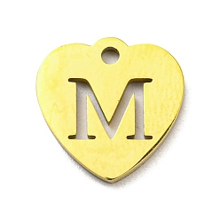 Letter M Ion Plating(IP) 304 Stainless Steel Pendant, Golden, Heart with Letter, Letter M, 12x12x1mm, Hole: 1.4mm