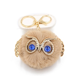 Tan Cute Pompom Fluffy Owl Pendant Keychain, with Alloy Findings, for Woman Handbag Car Key Backpack Pendants, Tan, 12x9cm