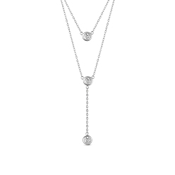 Platinum SHEGRACE Rhodium Plated 925 Sterling Silver Double Layered Necklace, with Three Round AAA Cubic Zirconia Pendants, Platinum, 17.7 inch(45cm)