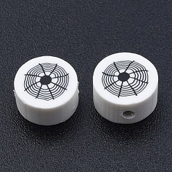 Spider Бусины из полимерной глины ручной работы на тему хэллоуина, плоско-круглые, шаблон паутины, 9x4.5 мм, отверстие : 1.5 мм