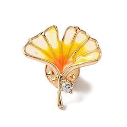 Gold Gingko Leaf Enamel Pin, Light Gold Plated Alloy Rhinestone Badge for Backpack Clothes, Gold, 25.5x24.5x3.5mm, Pin: 1mm