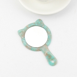 Turquoise Portable Cellulose Acetate(Resin) Mirror, with Glass Mirror Surface, Cat, Turquoise, 12x7.5x0.4cm