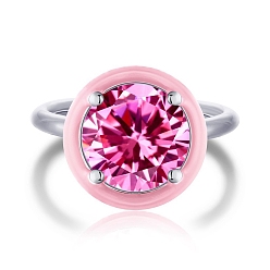 Pink Rhodium Plated 925 Sterling Silver Rings, Birthstone Ring, Real Platinum Plated, with Enamel & Cubic Zirconia for Women, Flat Round, Pink, US Size 6(16.5mm)