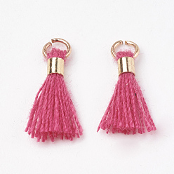 Camellia Polycotton(Polyester Cotton) Tassel Pendant Decorations, Mini Tassel, with Brass Findings, Light Gold, Camellia, 10~15x3~4mm, Hole: 2mm