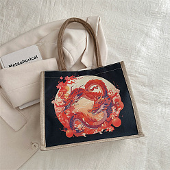 Black Ethnic Style Dragon Pattern Canvas Shoulder Bags, Women Bags, Rectangle, Black, 34x29x15.5cm