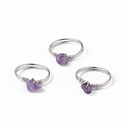 Amethyst Natural Amethyst Chips Finger Ring, Platinum Brass Wire Wrap Jewelry for Women, Inner Diameter: 18mm