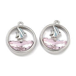 Pink Сплав стекла подвески, плоская круглая форма с подвесками в виде парусников, стойки покрытие, без кадмия, без никеля и без свинца, платина, розовые, 18x15.5~16x4~4.5 мм, отверстие : 1.2~1.4 мм