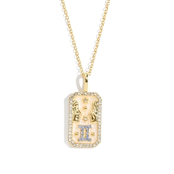 Gemini Brass Micro Pave Cubic Zirconia Rectangle with Constellation Pendant Necklaces, with Enamel, Cable Chain Necklace for Women, Gemini, 15-3/4 inch(40cm)