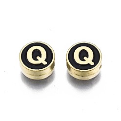 Letter Q Alloy Enamel Beads, Cadmium Free & Lead Free, Light Gold, Flat Round with Alphabet, Black, Letter.Q, 8x4mm, Hole: 1.5mm