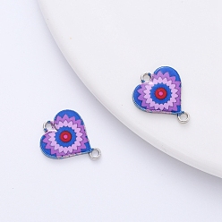 Medium Orchid Valentine's Day Theme Alloy Enamel Connector Charms, Platinum, Heart with Flower Pattern, Medium Orchid, 20x17mm, Hole: 2mm
