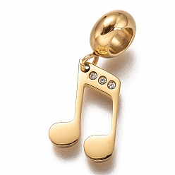 Golden 304 Stainless Steel European Dangle Charms, Large Hole Pendants, with Crystal Rhinestone, Musical Note, Golden, 25mm, Hole: 4.5mm, Pendants: 16.5x10x1.5mm