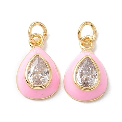 Pink Латунные микропроволочные кубические циркониевые подвески из эмали, с целью перехода в кольце, долговечный, слеза, розовые, 15x9.5x4 мм, Перейти кольцо: 5.2x0.8 мм, внутренний диаметр: 3.6 мм