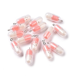 Pink Translucent Plastic Pendants, Pill Capsule Charm, with Platinum Tone Iron Loops, Pink, 29x10.5mm, Hole: 2mm