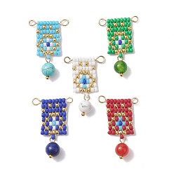 Mixed Color MIYUKI Rocailles Seed Loom Pattern, with Natural & Synthetic Mixed Gemstone, Rectangle Links Connectors, Mixed Color, 28~30x18~19x6.5mm, Hole: 1.8~2.5mm