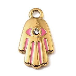 Светло-Вишневый 304 нержавеющей стальной эмали подвески, рука хамса с оберегами от сглаза, со стразами, золотые, светло-вишневый, 16.5x9x2.5 мм, отверстие : 1.6 мм