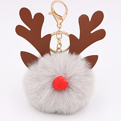 Light Grey Christmas Deer Antler Pom-Pom Keychain with Plush Elk Charm for Women's Handbag Gift