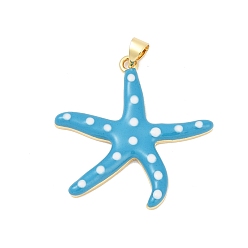 Темно-Голубой Латунь эмаль подвески, без свинца и без кадмия, долговечный, очарование морской звезды, реальный 18 k позолоченный, глубокое синее небо, 32x32.5x3 мм, отверстие : 4 мм