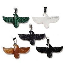 Mixed Stone Natural & Synthetic Mixed Gemstone Pendants, Eagle Charms with Platinum Plated Iron Snap on Bails, 24~25x40x4~4.5mm, Hole: 7x3.5mm