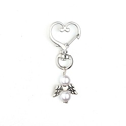 White Alloy & ABS Imitation Pearl Pendant Decorations for Women, Heart, White, 6.2cm