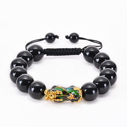 12MM-Black Glass Bracelet 12mm Six-Word Mantra Pixiu Bracelet with Black Obsidian Beads and Glass Beads, Buddhist Prayer Gift