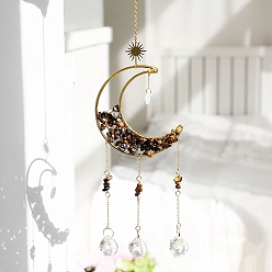 Tiger Eye Natural Tiger Eye Wrapped Moon Hanging Ornaments, Teardrop Glass Tassel Suncatchers for Home Outdoor Decoration, 450mm