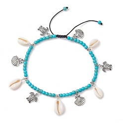Antique Silver Natural Shell & Alloy Tortoise Charm Anklet, Ocean Theme Synthetic Turquoise Braided Beads Adjustable Anklets, Antique Silver, Inner Diameter: 2-5/8~4-1/2 inch(6.7~11.5cm)