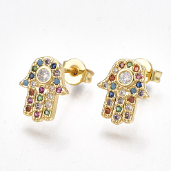 Golden Brass Micro Pave Cubic Zirconia(Random Mixed Color) Ear Studs, with Ear Nuts, Hamsa Hand/Hand of Fatima/Hand of Miriam, Golden, 11x9mm, Pin: 0.7mm