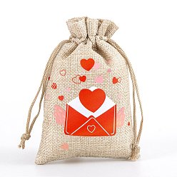 Envelope Valentine's Day Printed Burlap Drawstring Pouches, Red, Rectangle, Envelope, 15x10cm