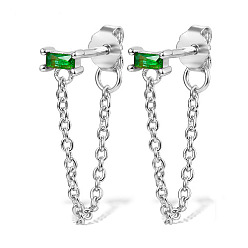 Green Rhodium Plated Platinum 925 Sterling Silver Chains Front Back Stud Earrings, with Rectangle Cubic Zirconia, Green, 48x4mm