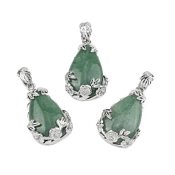 Зеленый Авантюрин Естественный зеленый авантюрин подвески, с латунной фурнитурой , капля, платина, 31x19x8 мм, отверстие : 4.5x8 мм