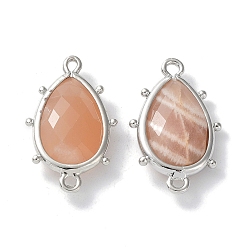 Sunstone Natural Sunstone Connector Charms, with Platinum Plated Brass Edge Loops, Faceted, Teardrop, 24x14.5x5mm, Hole: 1.2mm & 1.4mm