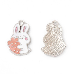 White Alloy Enamel Pendants, Rabbit with Carrot Charm, Platinum, White, 21x13.5x2mm, Hole: 2mm