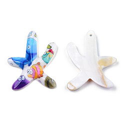 Fish Printed Natural Freshwater Shell Pendants, Starfish Charms, Colorful, Fish Pattern, 38~40x29.5~30.5x4~5mm, Hole: 1.5mm