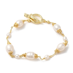 Real 14K Gold Plated Natural Pearl Beaded Link Bracelets, Brass Wire Wrapped Bracelet, Real 14K Gold Plated, 8 inch(20.2cm)
