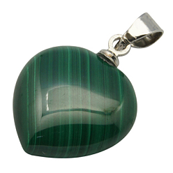 Green Gemstone Pendants, with Alloy Findings, Natural Malachite, Grade A, Heart, Green, 15x15x6mm, Hole: 3mm