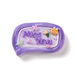 Purple Rectangle Cartoon Word Miss You Opaque Resin Decoden Cabochons, Purple, 20.5x31x6.5mm