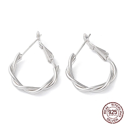 Real Platinum Plated Rhodium Plated 925 Sterling Silver Hoop Earrings, Twist Wire, with S925 Stamp, Real Platinum Plated, 26.5x3x19.5mm