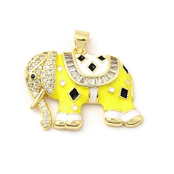 Желтый Латунные микро проложить кубического циркония подвески, слон, с эмалью, без свинца и без кадмия, долговечный, стойки покрытие, реальный 18 k позолоченный, желтые, 21x28x6 мм, отверстие : 3.5x4 мм
