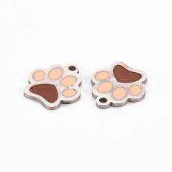 Saddle Brown 304 Stainless Steel Enamel Charms, Stainless Steel Color, Dog Paw Prints, Saddle Brown, 13x12x1mm, Hole: 1.5mm
