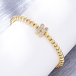 Letter H Латунные круглые бусины эластичные браслеты, Подвеска в виде буквы из латуни с микропаве из прозрачного кубического циркония для женщин, без свинца и без кадмия, стойки покрытие, реальный 18 k позолоченный, Письмо ч, внутренний диаметр: 2~2-1/8 дюйм (5~5.5 см)