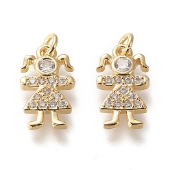 Real 18K Gold Plated Brass Micro Pave Cubic Zirconia Charms, Long-Lasting Plated, Girl, Clear, Real 18K Gold Plated, 14x8x2.5mm, Jump Ring: 4x0.7mm, Inner Diameter: 2.3mm