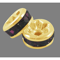Amethyst Brass Grade A Rhinestone Spacer Beads, Golden Plated, Rondelle, Nickel Free, Amethyst, 5x2.5mm, Hole: 1mm