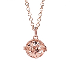 Light Gold Brass Cage Pendant Necklaces, Round with Leaf, Light Gold, 20.08~31.50 inch(51~80cm)