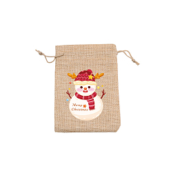 Snowman Rectangle Christmas Themed Burlap Drawstring Gift Bags, Gift Pouches for Christmas Party Supplies, BurlyWood, Snowman, 14x10cm